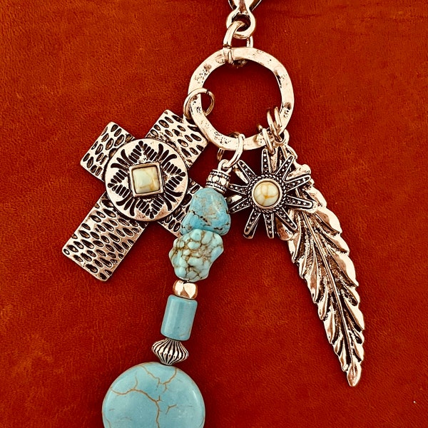 Turquoise keychain/Cross keychain/Silver Turquoise keychain/Southwest keychain/Boho/Silver keychains