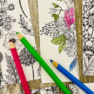 May include: Four blank bookmark cards with floral designs, ready to be colored in with colored pencils. The pencils are green, pink, and blue.