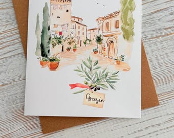 Italian Villa Watercolor Note Cards: Tuscany Scene, Grazie (Set of 10)