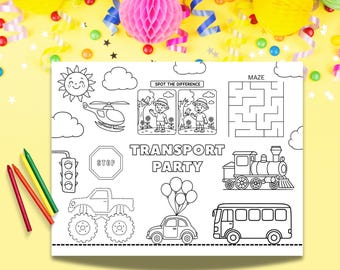 May include: A coloring page with the text "TRANSPORT PARTY" and illustrations of a helicopter, train, bus, car with balloons, and a monster truck. Includes a maze and "Spot the Difference" game. Crayons are on the left.