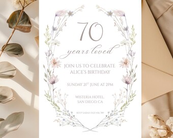 70th birthday invitation template, wildflowers watercolor floral digital party invite, instant download Canva printable invitation age 70