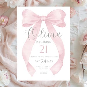 21st Birthday invitation template, pink bow coquette digital girl&#39;s birthday party invite age 21, editable Canva printable template 5 x 7in