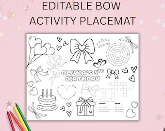 Bow Party Activity Placemat | Coquette Bow Birthday Party Coloring Activity Sheet | Girls Editable Bow Activity Mat Party Favor Template
