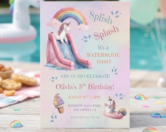 Unicorn Waterslide Pool Party Birthday Invitation Canva Template, Unicorn Rainbow Theme Waterpark Swim Pool Party Invite Splish Splash Bash