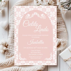 Cielito Lindo baby shower invitation Canva template, blush pink Mexican talavera pattern papel picado editable printable baby girl invite