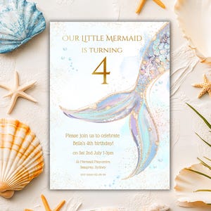Mermaid Tail 4th Birthday Party Invitation Canva Template, Our Little Mermaid Invitation, Undersea Mermaid Tail Digital Printable Invite