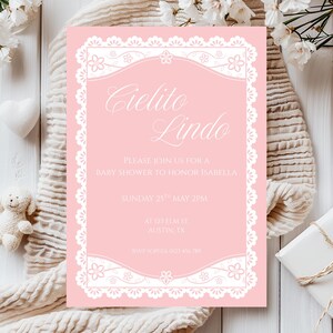 Cielito Lindo baby shower invitation Canva template, blush pink Mexican talavera pattern papel picado style editable printable baby girl