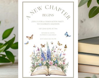A New Chapter Begins Graduation Invitation Canva Template. Watercolor Wildflowers, Book & Butterflies Digital Grad Party Printable Invite