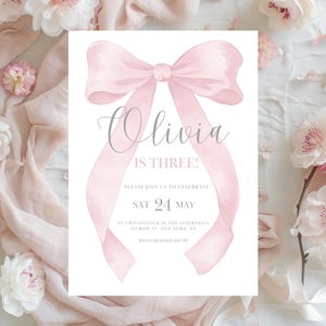 Pink Bow 3rd birthday digital party invitation, coquette personalized editable Canva printable template 5 x 7in girl age three