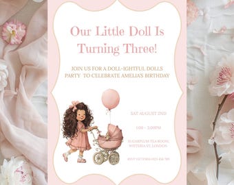 Baby Doll Birthday Party Invitation Canva Template, Watercolor Vintage Baby Doll Pram Party Invitation, Our Little Doll Girl Invitation