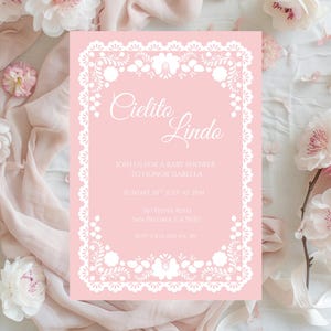 Cielito Lindo baby shower invitation Canva template, blush pink Mexican talavera papel picado editable printable baby girl party invite