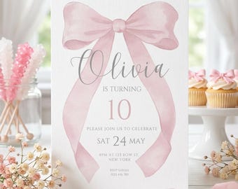 Plantilla de Canva para invitación de cumpleaños de 10 años con lazo rosa, coqueta, digital, editable, descarga instantánea, plantilla imprimible, 5 x 7 pulgadas, niña de diez años