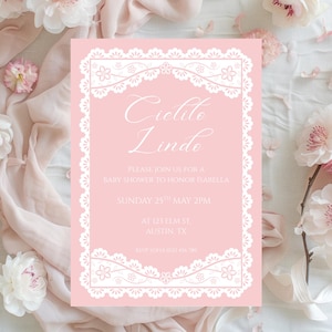 Cielito Lindo baby shower invitation Canva template, pink Mexican talavera pattern papel picado style editable Canva printable baby girl