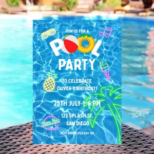 Pool Party adult invitation Canva template, neon summer birthday party printable invite, gender neutral digital printable instant download