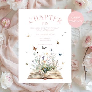 Könnte beinhalten: Eine weiße Einladungskarte mit dem Text "CHAPTER TEN" in Rosa, die Olivias 10. Geburtstag ankündigt. Die Karte zeigt ein offenes Buch mit Aquarellblumen und Schmetterlingen. Der Text "CANVA TEMPLATE" befindet sich in einem rosa Kreis.