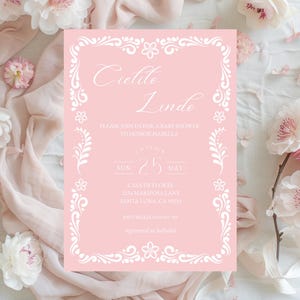 Cielito Lindo baby shower invitation Canva template, blush pink Mexican talavera pattern papel picado editable Canva printable, baby girl