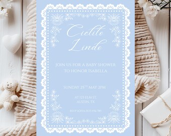 Cielito Lindo baby shower invitation Canva template, dusty blue Mexican talavera pattern papel picado style editable printable baby boy