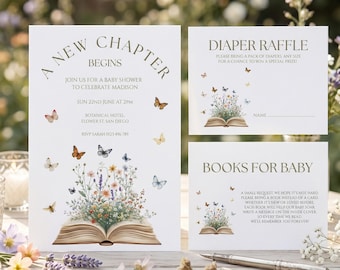 A New Chapter Begins Baby Shower Wildflowers Storybook Suite Canva Templates, Invitation, Books for Baby & Diaper Raffle Digital Printables