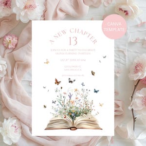 May include: A pink and white invitation card with the text "A New Chapter 13" and a watercolor illustration of an open book with butterflies and flowers. The invitation is for a party to celebrate Olivia turning thirteen on June 21st at 6pm. The address is 123 Flower St, San Diego, CA. RSVP to Sarah at 555-555-5555.