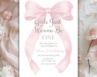 Girls Just Wanna Be One 1st Birthday Party Invitation Canva Template, Pink Bow 1st Birthday Invite, Coquette Pink Bow Girl First Birthday