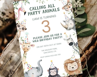 Calling All Party Animals Birthday Party Invitation Canva Template, Watercolor Wildlife Animals Safari Zoo Birthday Party Invite Any Age