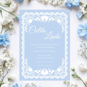 Convite para chá de bebê Cielito Lindo Modelo Canva, talavera mexicana azul empoeirada papel picado editável para impressão convite para festa de menino