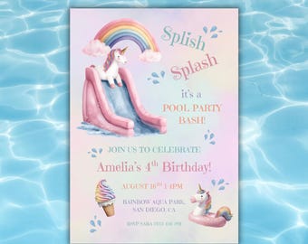 Unicorn Pool Party Birthday Invitation Canva Template, Unicorn Rainbow Theme Waterpark Waterslide Swim Pool Party Invite Splish Splash Bash