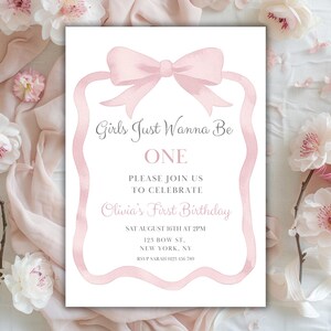 Girls Just Wanna Be One 1st Birthday Party Invitation Canva Template, Pink Bow 1st Birthday Invite, Coquette Pink Bow Girl First Birthday