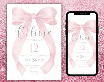 Pink Bow Age 12 Birthday Party Invitation Canva Templates | Coquette Bow Editable Evite Age 12 | Girl Age 12 Bow Phone And Printable Invites
