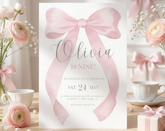 Pink Bow 9th birthday digital party invitation, coquette personalized editable Canva printable template 5 x 7in girl age nine Bow Party