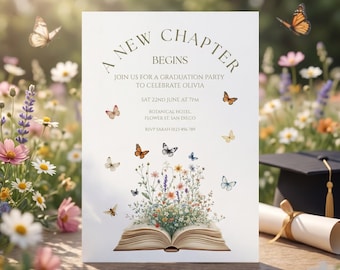 A New Chapter Begins Graduation Invitation Canva Template, Floral Book, Wildflowers, & Butterflies Editable Digital Party Printable Invite