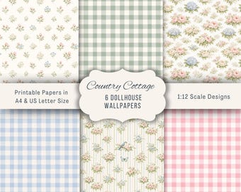 1:12 Scale Dollhouse Country Cottage Wallpaper Bundle | Gingham & Florals Cottagecore Maileg Mouse Room Decor | 6 Miniature Wallpapers