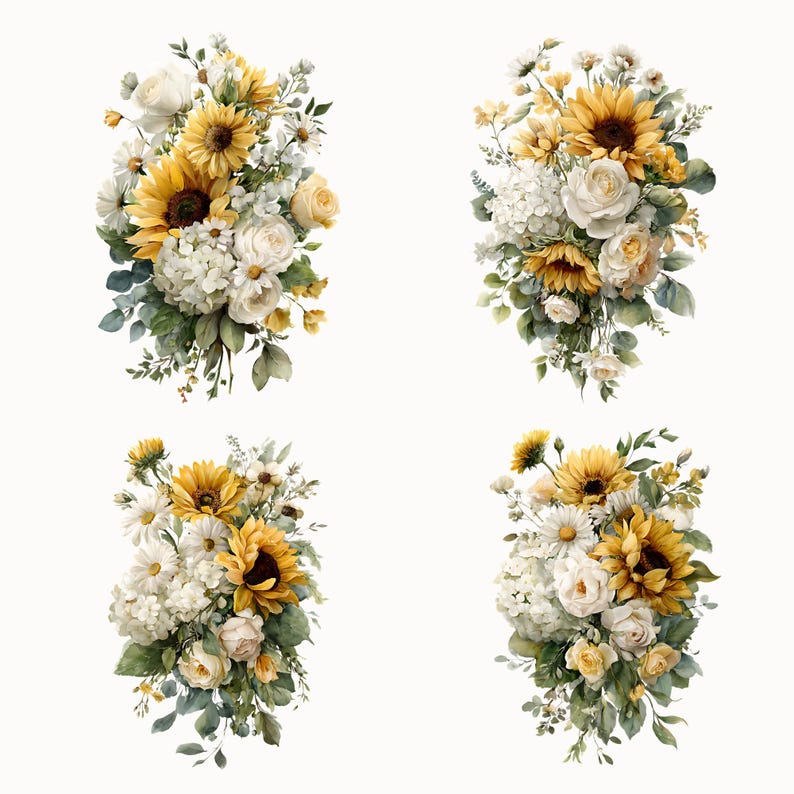 Watercolor Sunflower Floral Bouquets Clipart Pack | 10 Trailing Flower ...