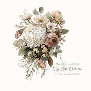 Op de afbeelding: Waterverfillustratie van een boeket met witte hortensia's, crèmekleurige rozen en diverse andere bloemen en bladeren. De tekst "Watercolor Cafe Latte Collection" en "10 Transparent PNGs" is zichtbaar.
