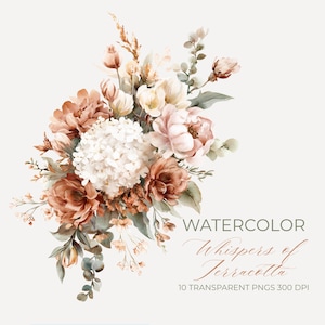 May include: A watercolour illustration of a floral arrangement in shades of peach, terracotta, and white. The bouquet includes peonies and hydrangeas. Text reads "WATERCOLOR Whispers of Terracotta" and "10 TRANSPARENT PNGS 300 DPI".