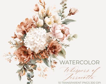 May include: A watercolour illustration of a floral arrangement in shades of peach, terracotta, and white. The bouquet includes peonies and hydrangeas. Text reads "WATERCOLOR Whispers of Terracotta" and "10 TRANSPARENT PNGS 300 DPI".