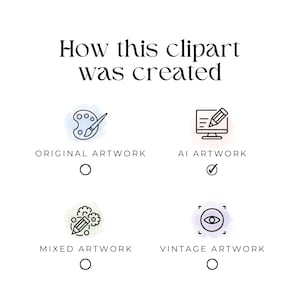 May include: White graphic with the text "How this clipart was created." Below are four options: Original Artwork, AI Artwork, Mixed Artwork, and Vintage Artwork, each with an icon and a circle to select.