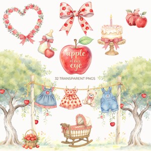 以下が含まれることがあります： 水彩イラスト。ハート型のリース、リボン、ケーキ、リンゴ、ベビー服、テディベア、ゆりかごなど、赤ちゃんをテーマにしたアイテム。リンゴには「the apple of our eye」の文字。透明な背景。
