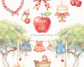 Watercolor Apple Of Our Eye Clipart Pack | 32 Fall Gingham Red Apple Denim Baby Clothes & Nursery PNGs | Baby Shower Birthday Clipart