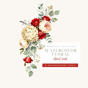 Puede incluir: Paquete de imágenes prediseñadas florales de acuarela con rosas rojas, peonías crema y una hortensia crema con follaje verde. La imagen incluye el texto "Watercolor Floral clipart pack" y "3 Transparent PNGs".