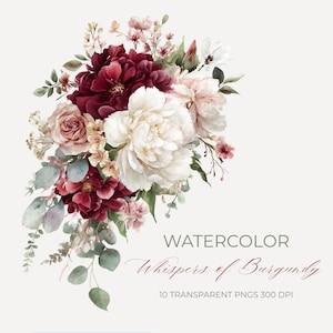 Paquete de imágenes prediseñadas florales en acuarela color burdeos y marfil / 10 arreglos florales colgantes en formato PNG para Navidad, otoño, botánica, bodas y baby showers.