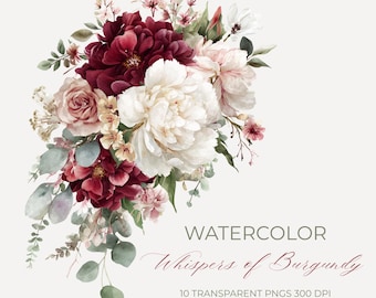 Watercolor Burgundy & Ivory Floral Clipart Pack | 10 Trailing Flower Arrangements Pngs  Christmas Fall Botanical Wedding Baby Shower Flowers