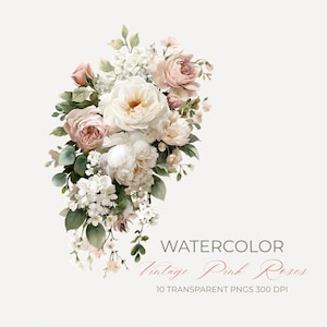 May include: A watercolour illustration of a bouquet featuring vintage pink roses, white peonies, and other flowers with green foliage. The text "Watercolor Vintage Pink Roses" is displayed below the flowers.