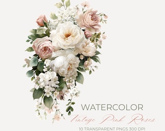 May include: Watercolor illustration of a bouquet of vintage pink roses, white peonies, and other flowers with green leaves. The text "Watercolor Vintage Pink Roses" is displayed below the flowers.