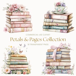 Pacchetto di clipart con pile di libri floreali acquerellati, 18 clipart di "Un nuovo capitolo", file PNG trasparenti per libri di fiori in stile shabby chic per uso commerciale