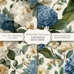 May include: A digital design featuring watercolor floral patterns. The design includes white and dusty blue hydrangeas, with green leaves and beige accents. The text reads "Dusty Blue Hydrangeas 6 Watercolor Digital Papers" and the dimensions are 16.7" x 16.7".