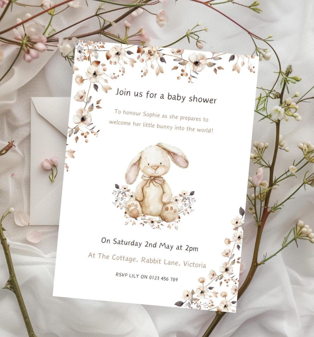 Bunny Baby Shower Invitation | Rustic Floral Party Invite | Bunny ...