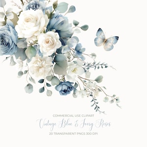 Op de afbeelding: Waterverfillustratie van een bloemstuk met blauwe en ivoorkleurige rozen, eucalyptusbladeren en een vlinder. De tekst luidt "Vintage Blue & Ivory Roses" en "Commercial Use Clipart".