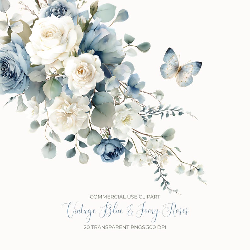 Vintage Dusty Blue & Ivory Roses Clipart | Watercolor Dusty Blue and ...