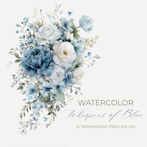 Puede incluir: Ilustración acuarela de un ramo floral con flores azules y blancas y hojas verdes. El texto "WATERCOLOR Whispers of Blue" se muestra debajo de las flores. También incluye el texto "10 TRANSPARENT PNGS 300 DPI".